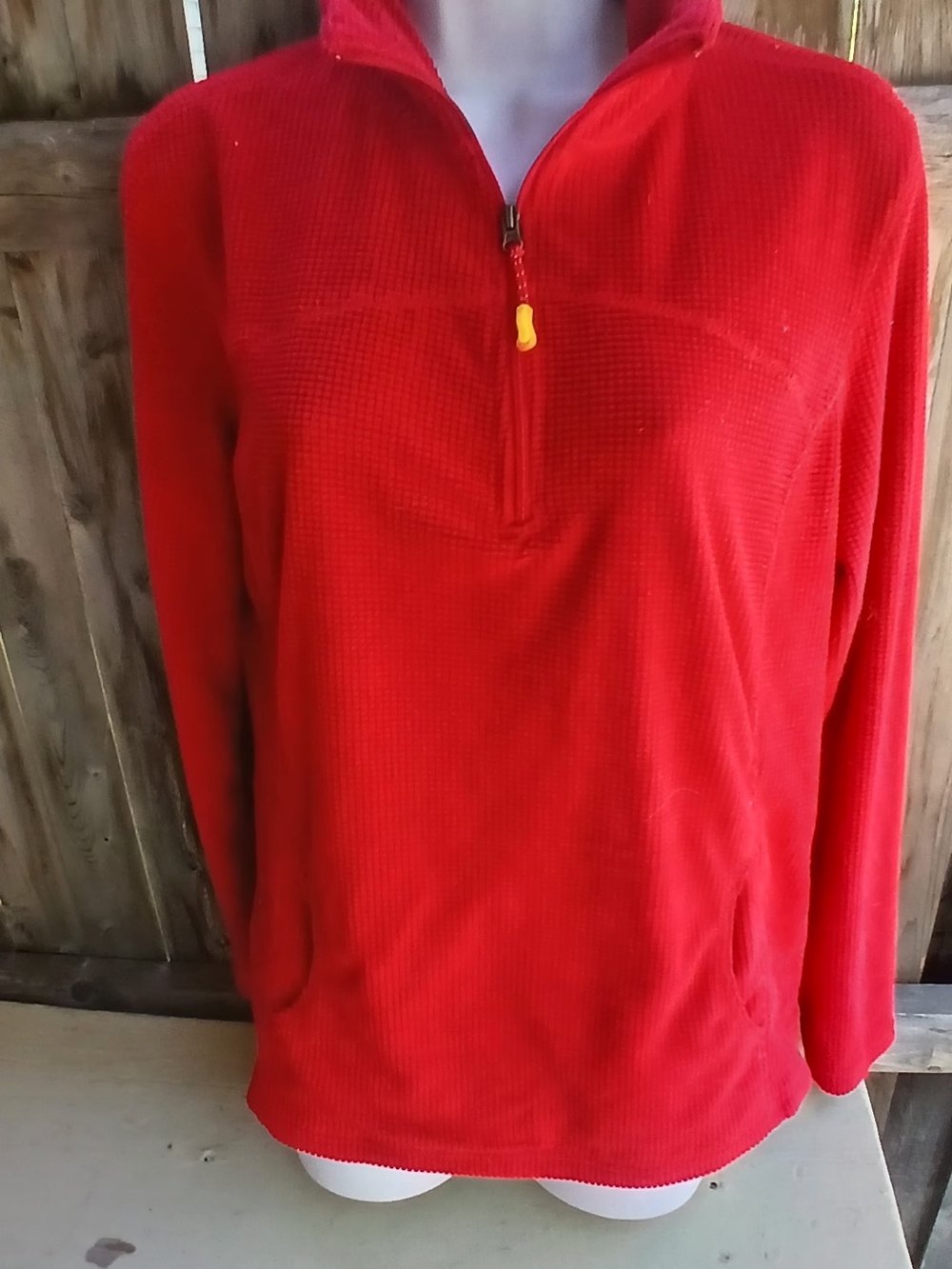 Tangerine Red Waffle-Knit Quarter-Zip Pullover Sz LG